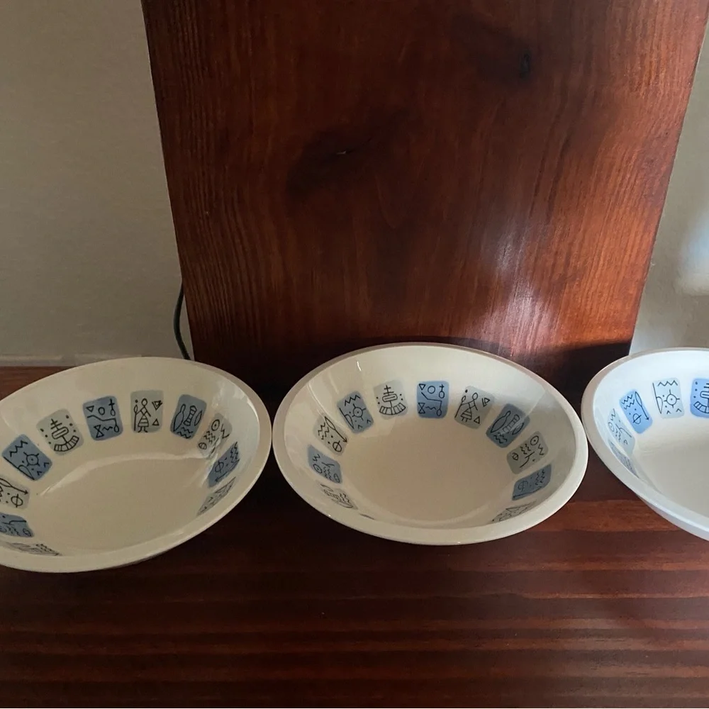 3 Rare Vintage Nola Ware Hand Painted Atomic Art Deco 3”Blue White Bowls MCM